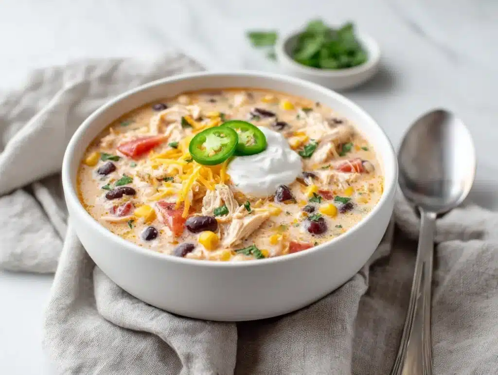 creamy crockpot chicken chili - featured image