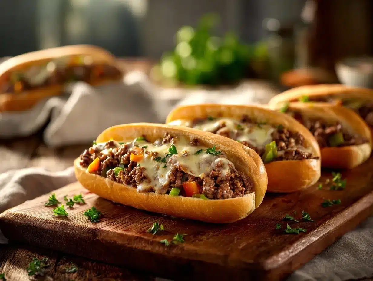 ground beef Philly cheesesteaks preparation steps