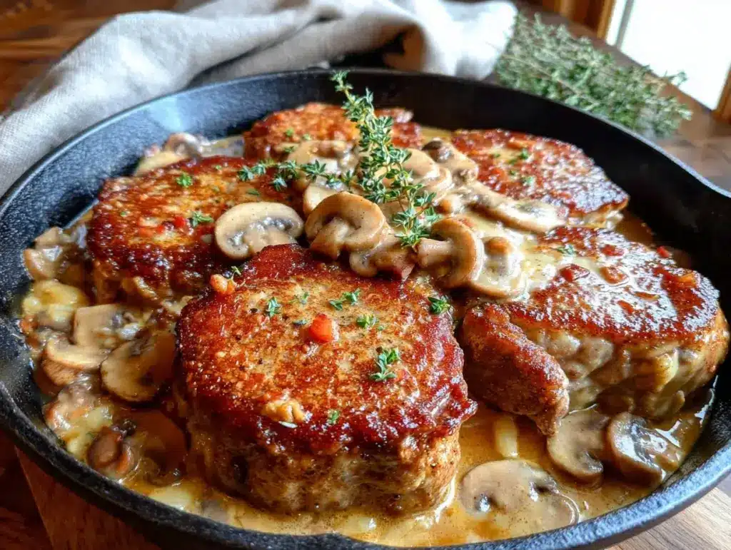 skillet pork chops with mushroom gravy - featured image