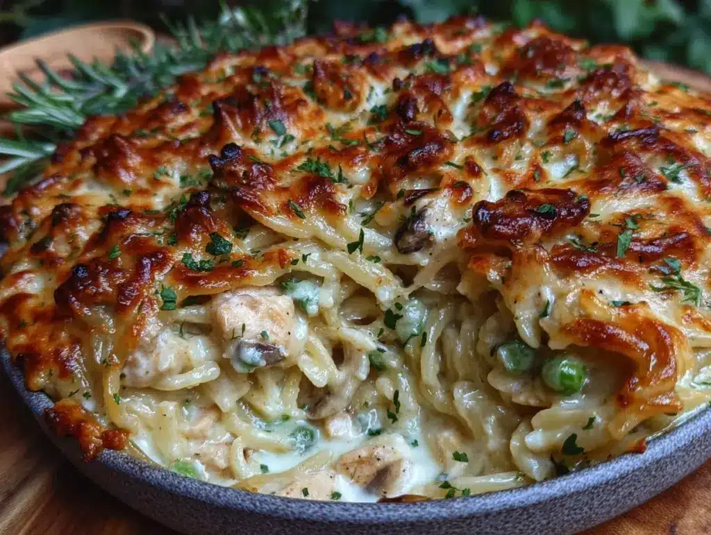 creamy turkey tetrazzini bake - featured image