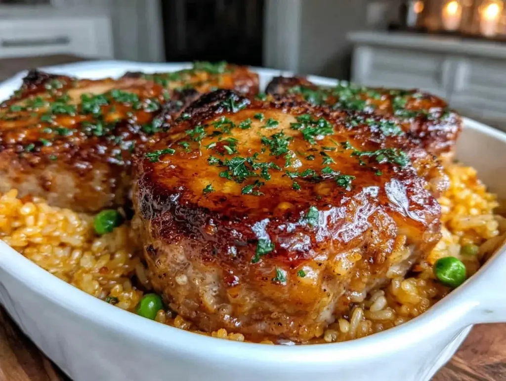 crispy pork chops and rice casserole - featured image