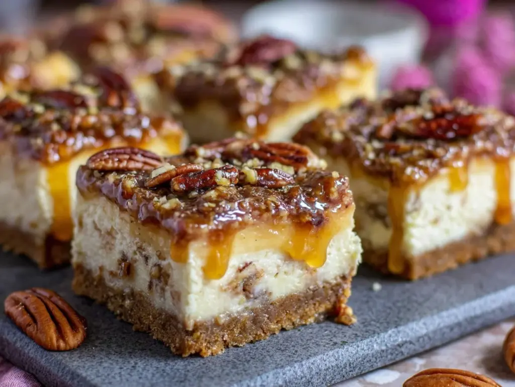 praline pecan cheesecake bars - featured image