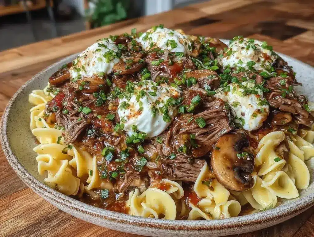 creamy beef stroganoff with egg noodles - featured image