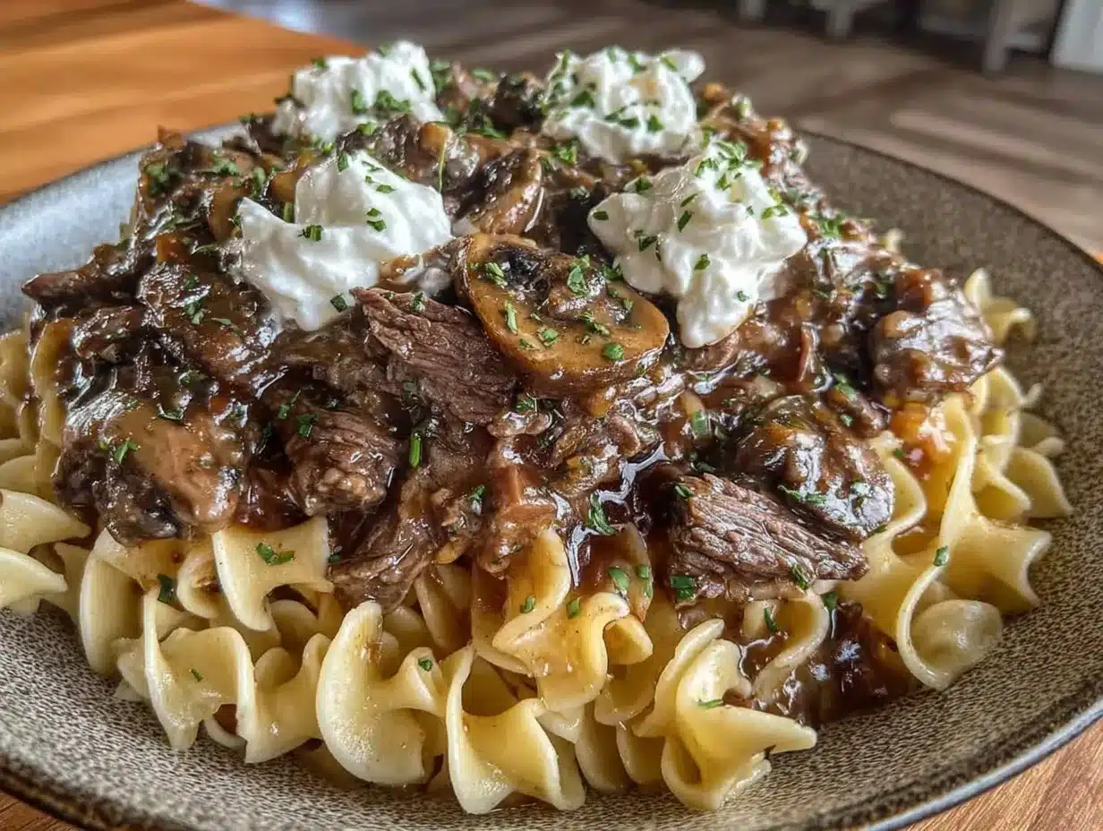 creamy beef stroganoff with egg noodles preparation steps