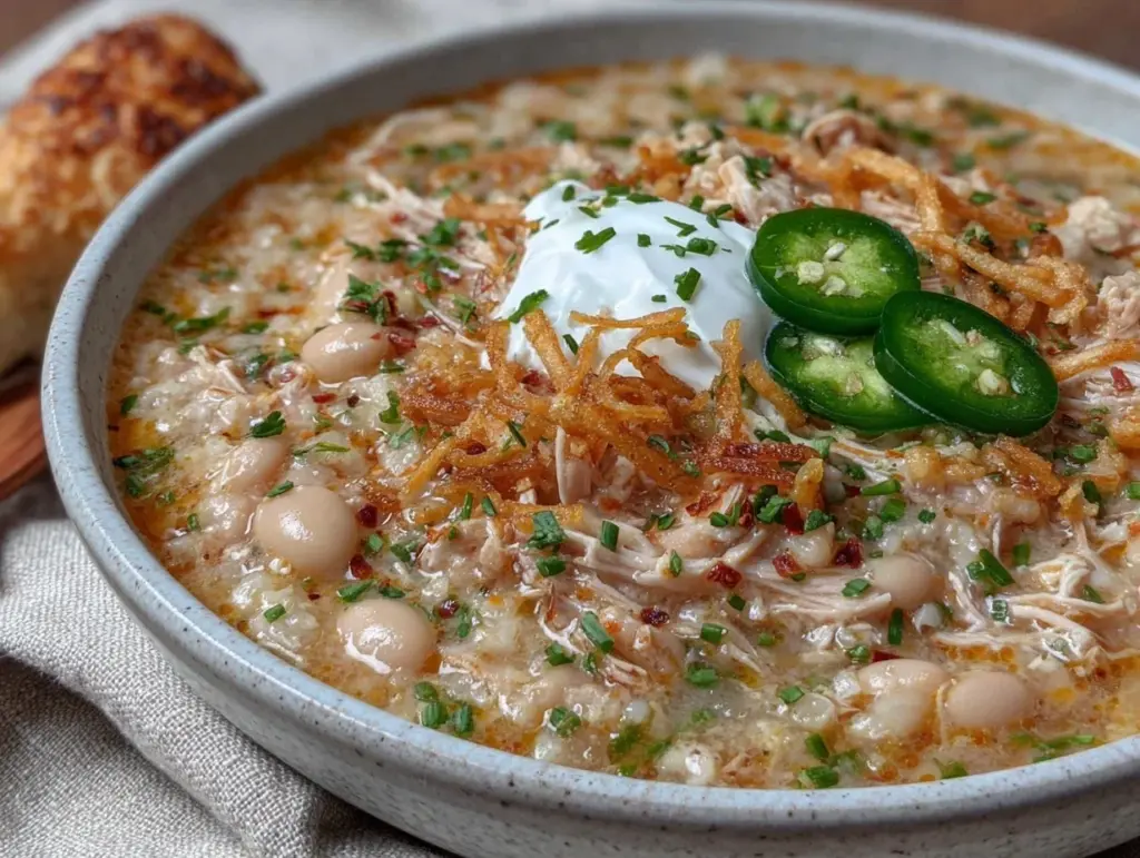 creamy crockpot white chicken chili - featured image