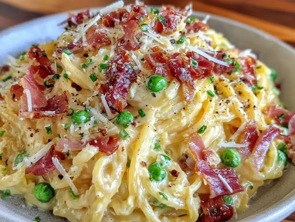 creamy pea and prosciutto carbonara - featured image
