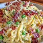 creamy pea and prosciutto carbonara - featured image
