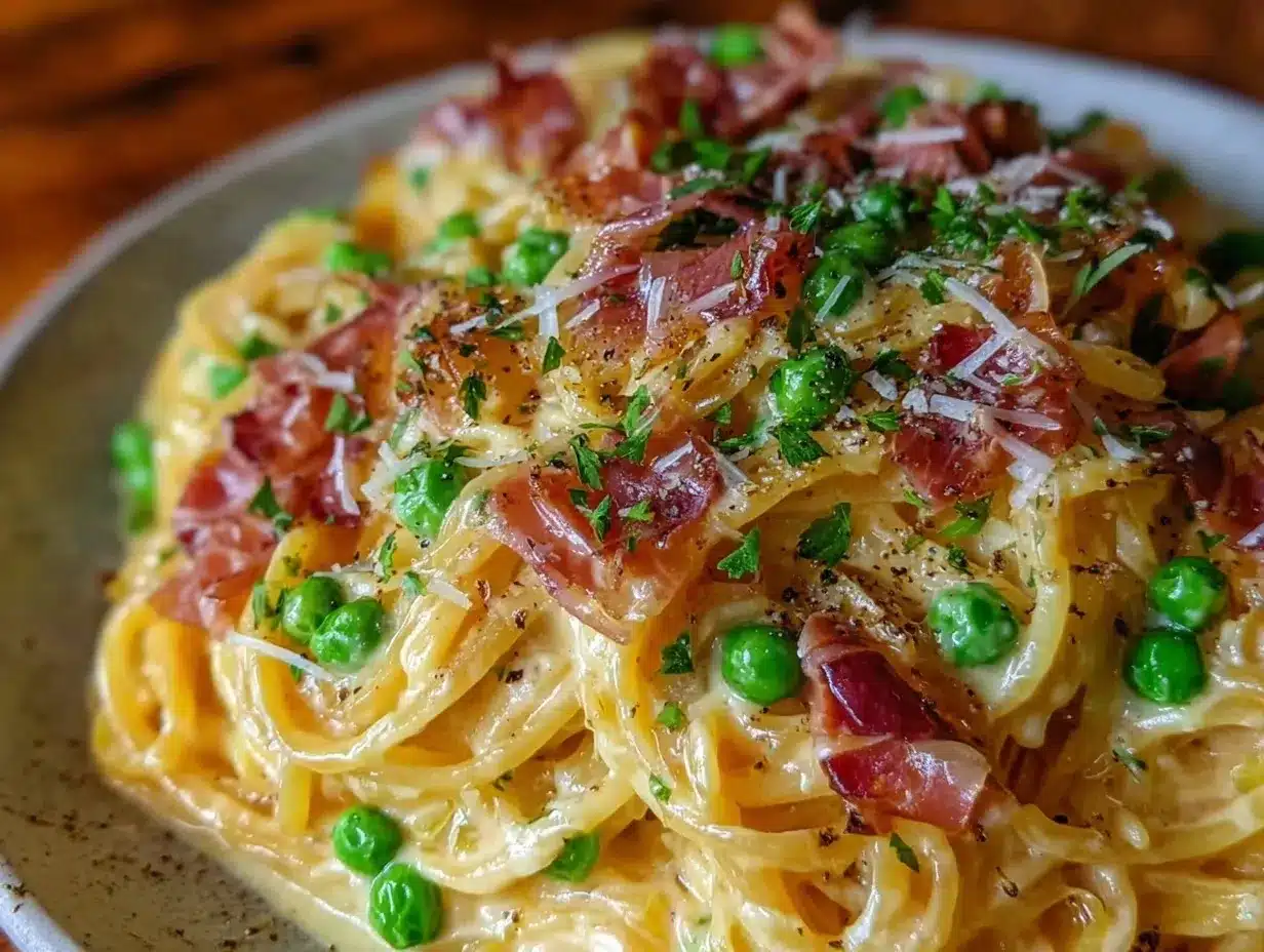 creamy pea and prosciutto carbonara preparation steps