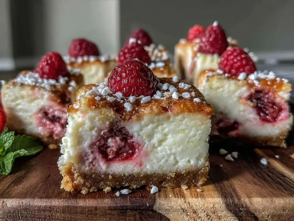 creamy raspberry white chocolate cheesecake bars - featured image
