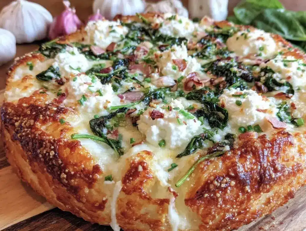 creamy white pizza with ricotta spinach roasted garlic - featured image