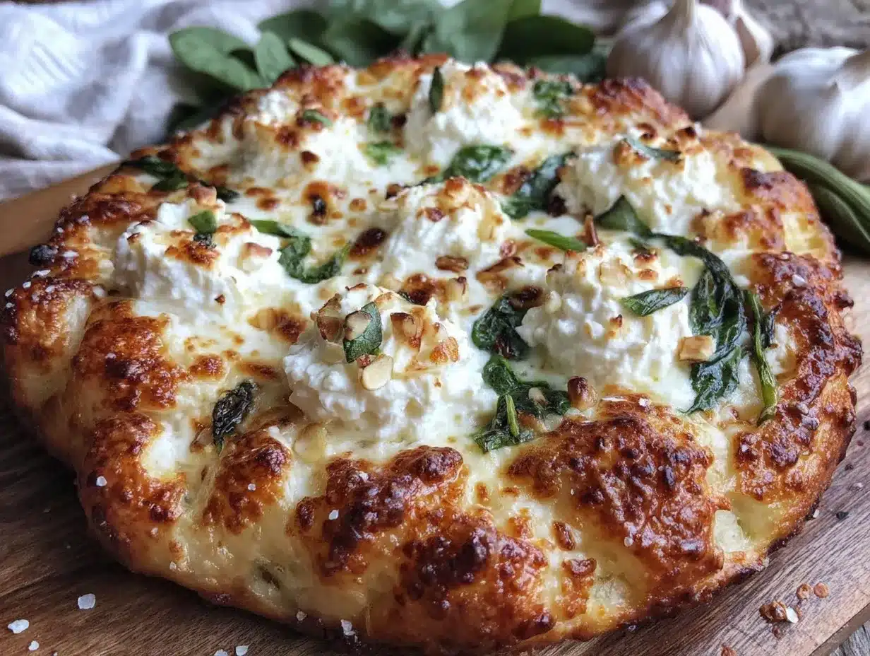 creamy white pizza with ricotta spinach roasted garlic preparation steps