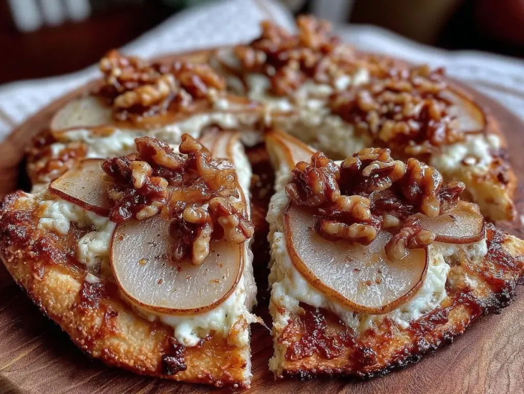 crispy pear gorgonzola pizza - featured image