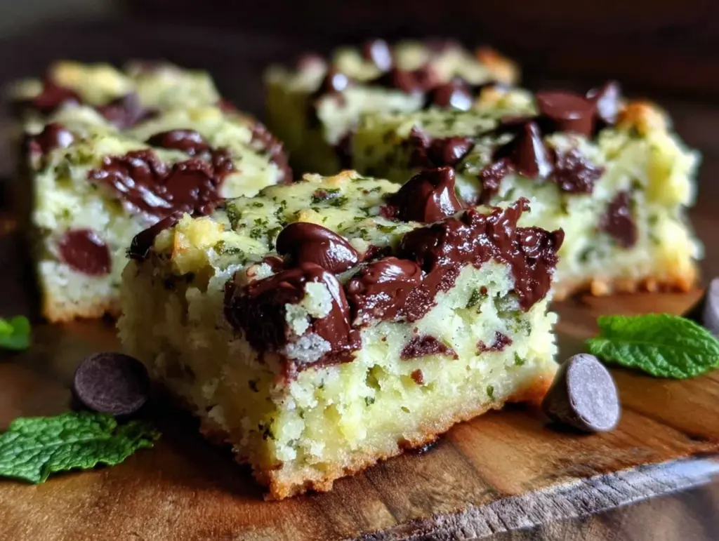 fudgy mint chocolate chip cookie bars - featured image