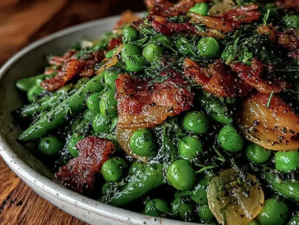 garlic butter spring peas with crispy bacon - featured image