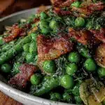 garlic butter spring peas with crispy bacon - featured image