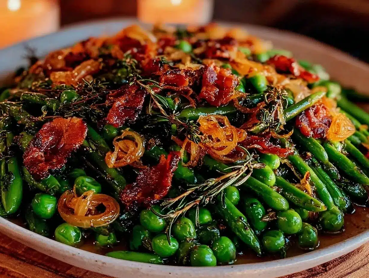 garlic butter spring peas with crispy bacon preparation steps