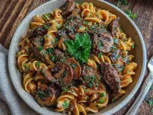 creamy beef and mushroom stroganoff - featured image