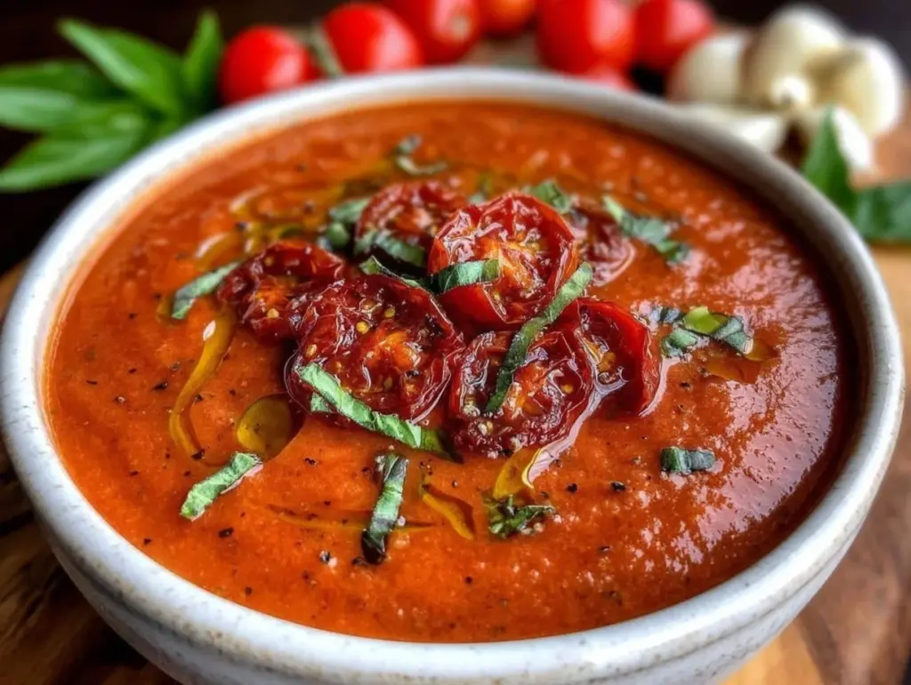 creamy roasted tomato basil soup with coconut milk - featured image