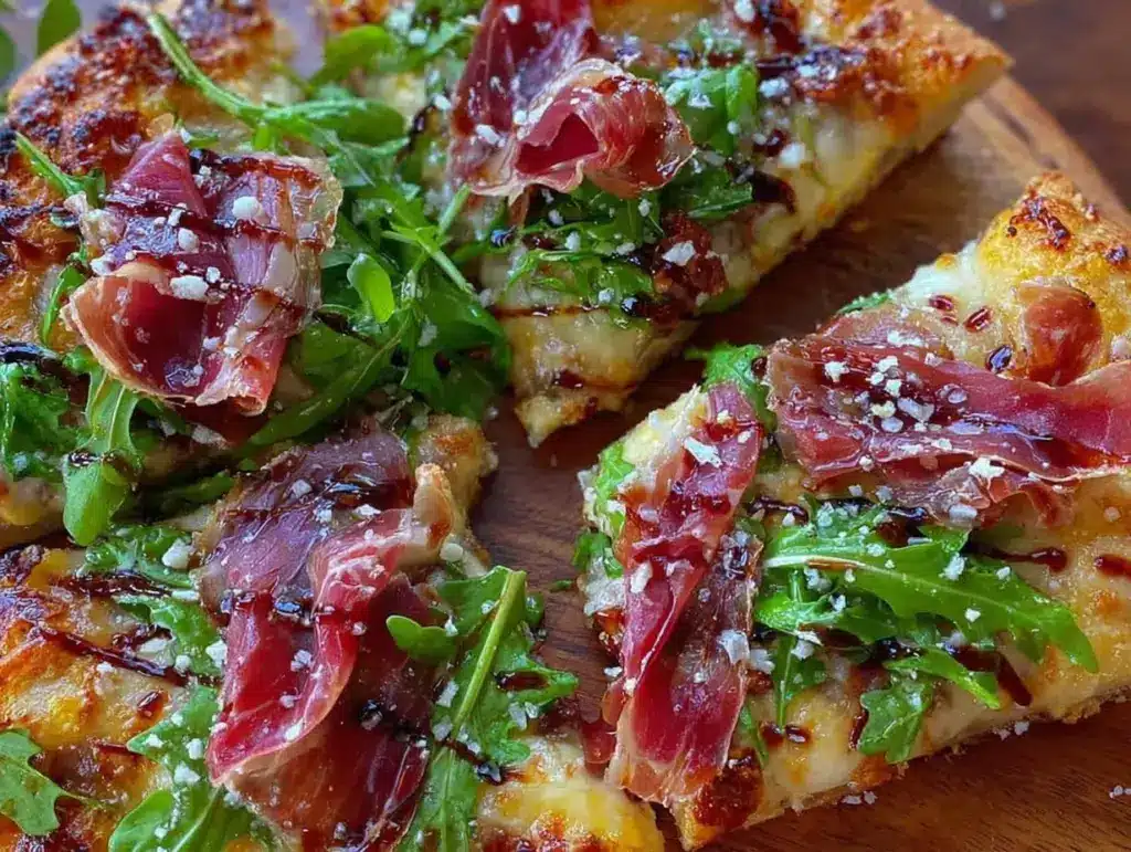 crispy arugula prosciutto pizza - featured image