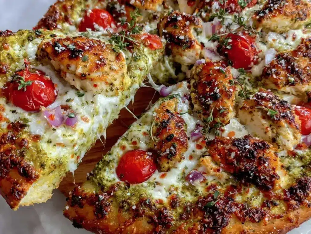 crispy pesto chicken pizza - featured image