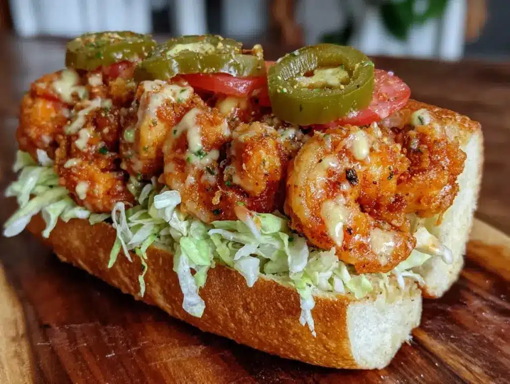 crispy shrimp po boy sandwich - featured image