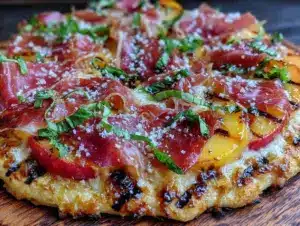 grilled peach and prosciutto pizza - featured image