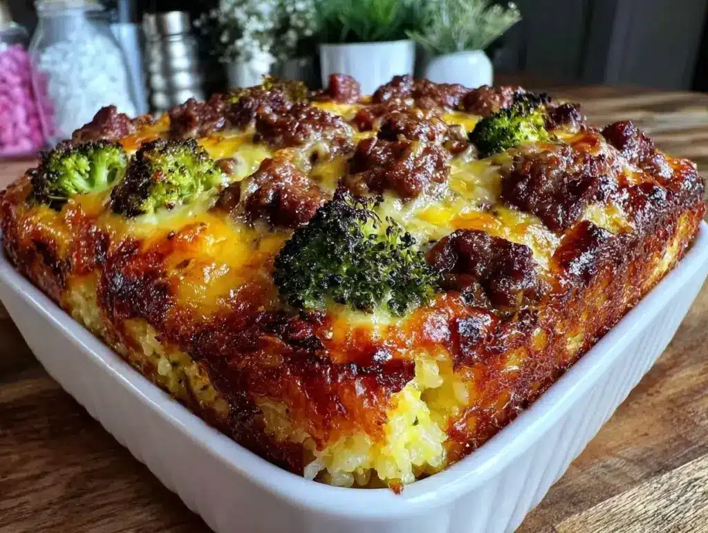 cheesy beef and broccoli rice casserole - featured image