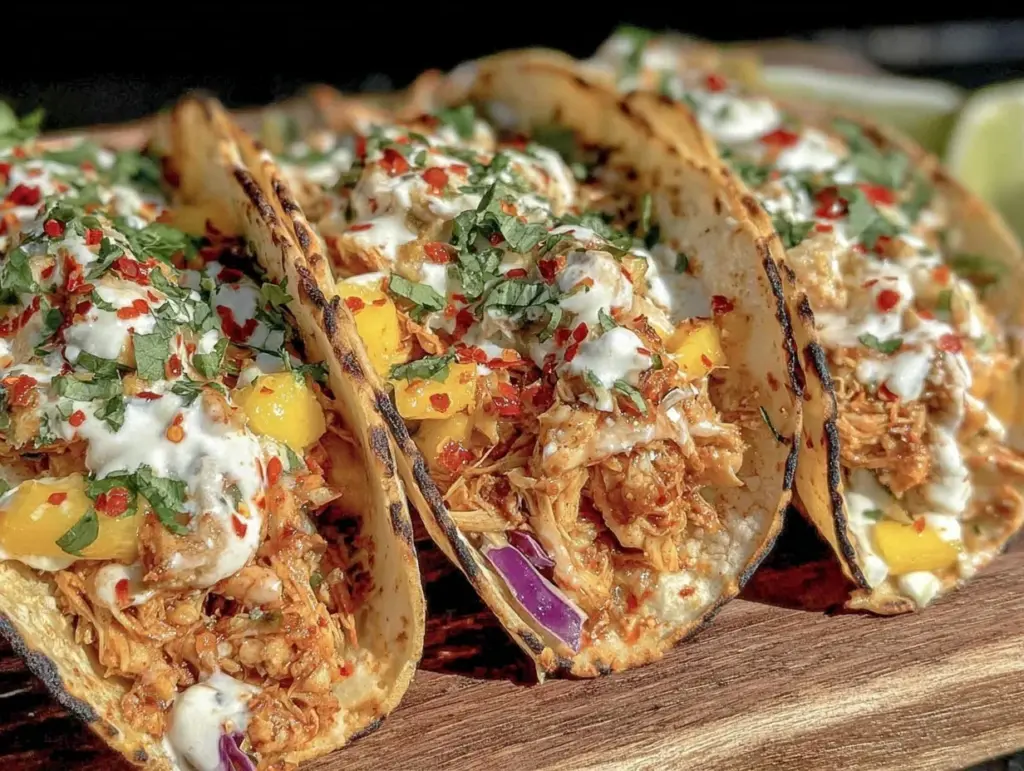 creamy crockpot coconut curry pulled chicken tacos - featured image
