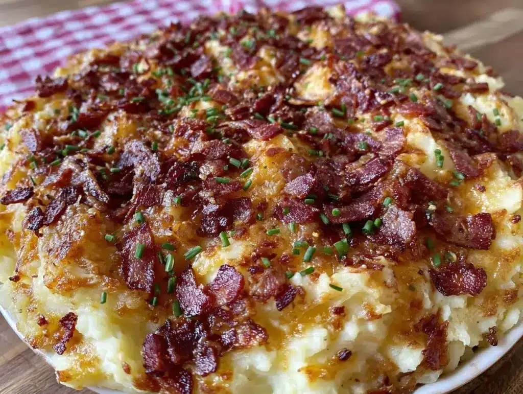 creamy loaded mashed potato casserole - featured image