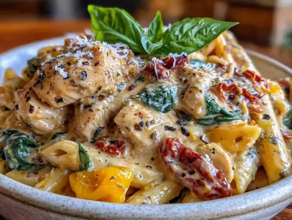 creamy slow cooker tuscan chicken pasta - featured image