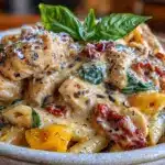 creamy slow cooker tuscan chicken pasta - featured image
