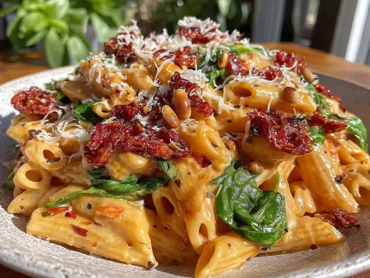 creamy Tuscan sun-dried tomato penne with spinach preparation steps
