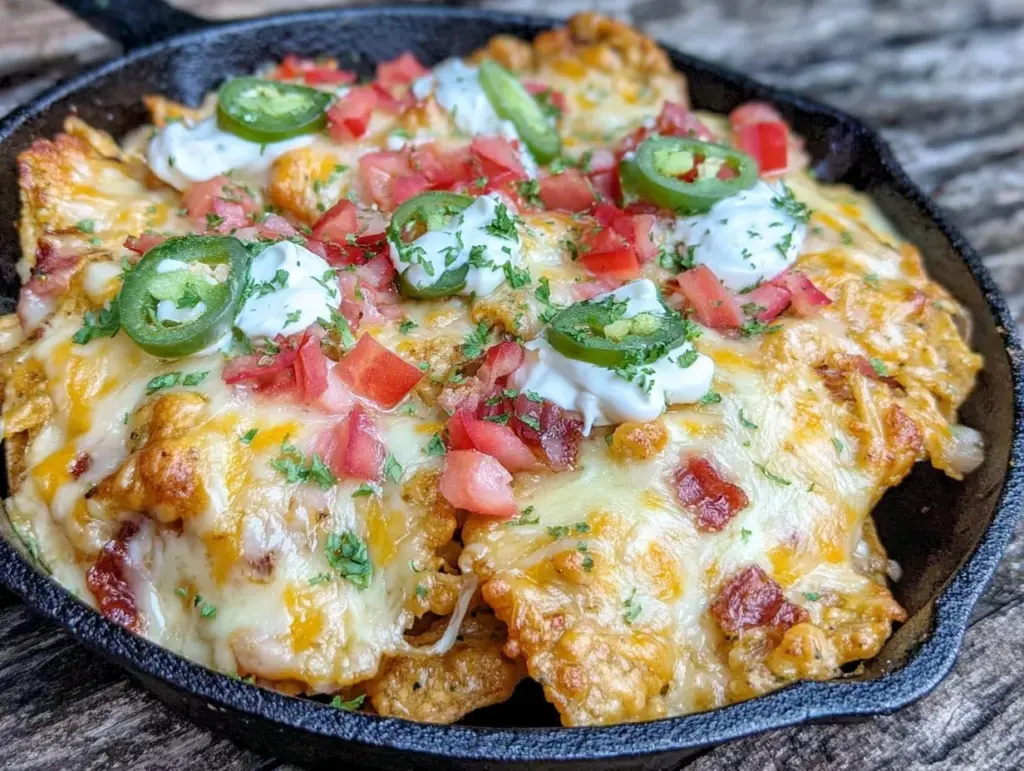 crispy one-skillet campfire nachos - featured image