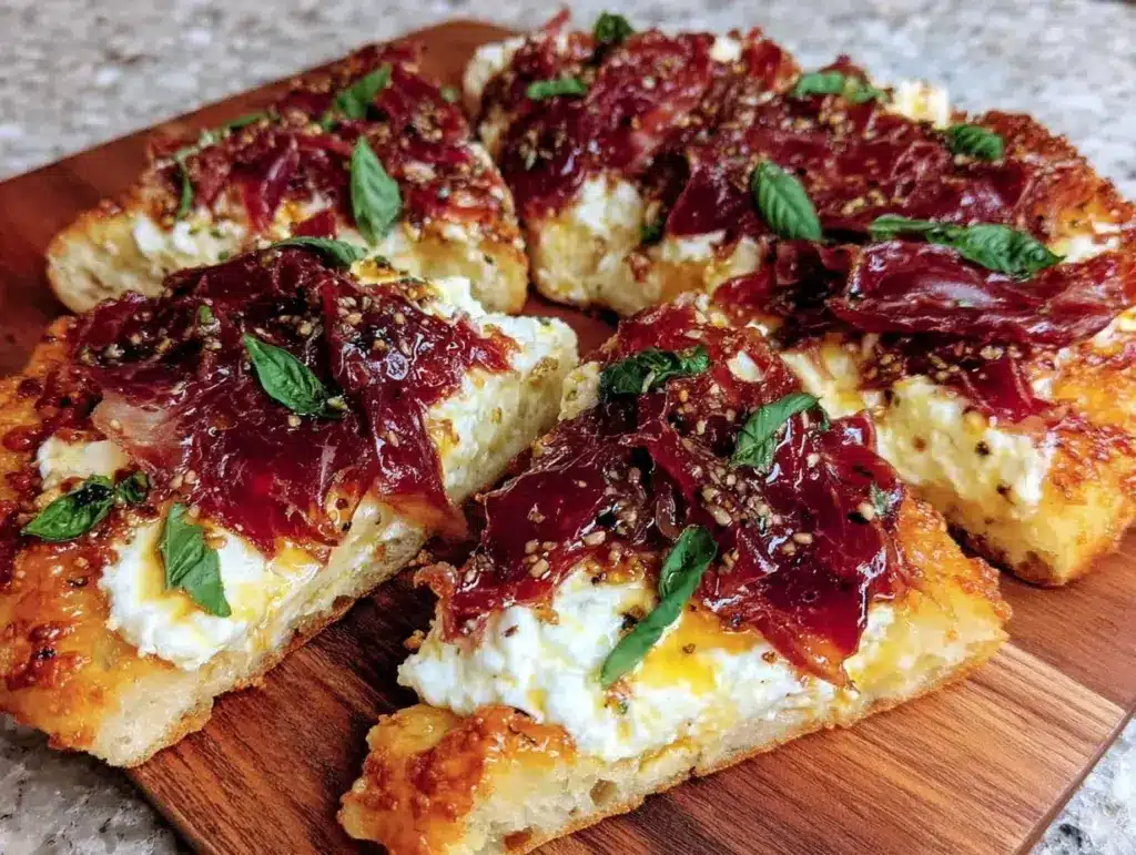 crispy prosciutto and honey burrata flatbread - featured image
