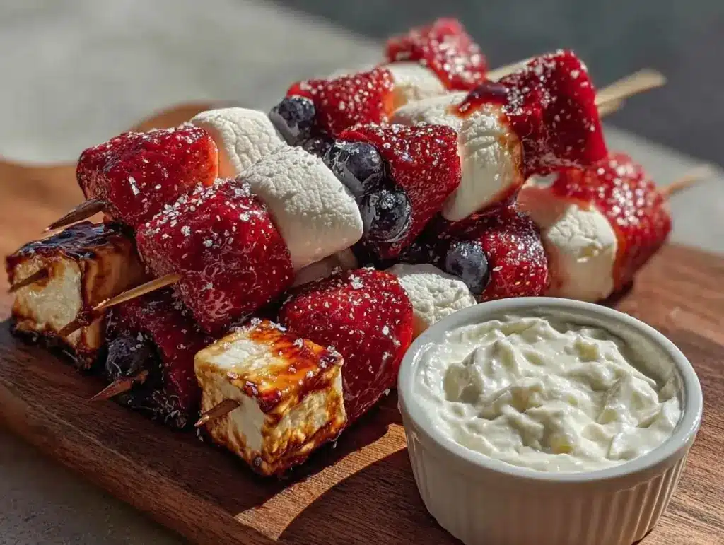 fresh red white and blue fruit kabobs - featured image