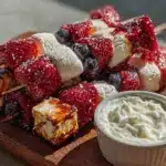 fresh red white and blue fruit kabobs - featured image