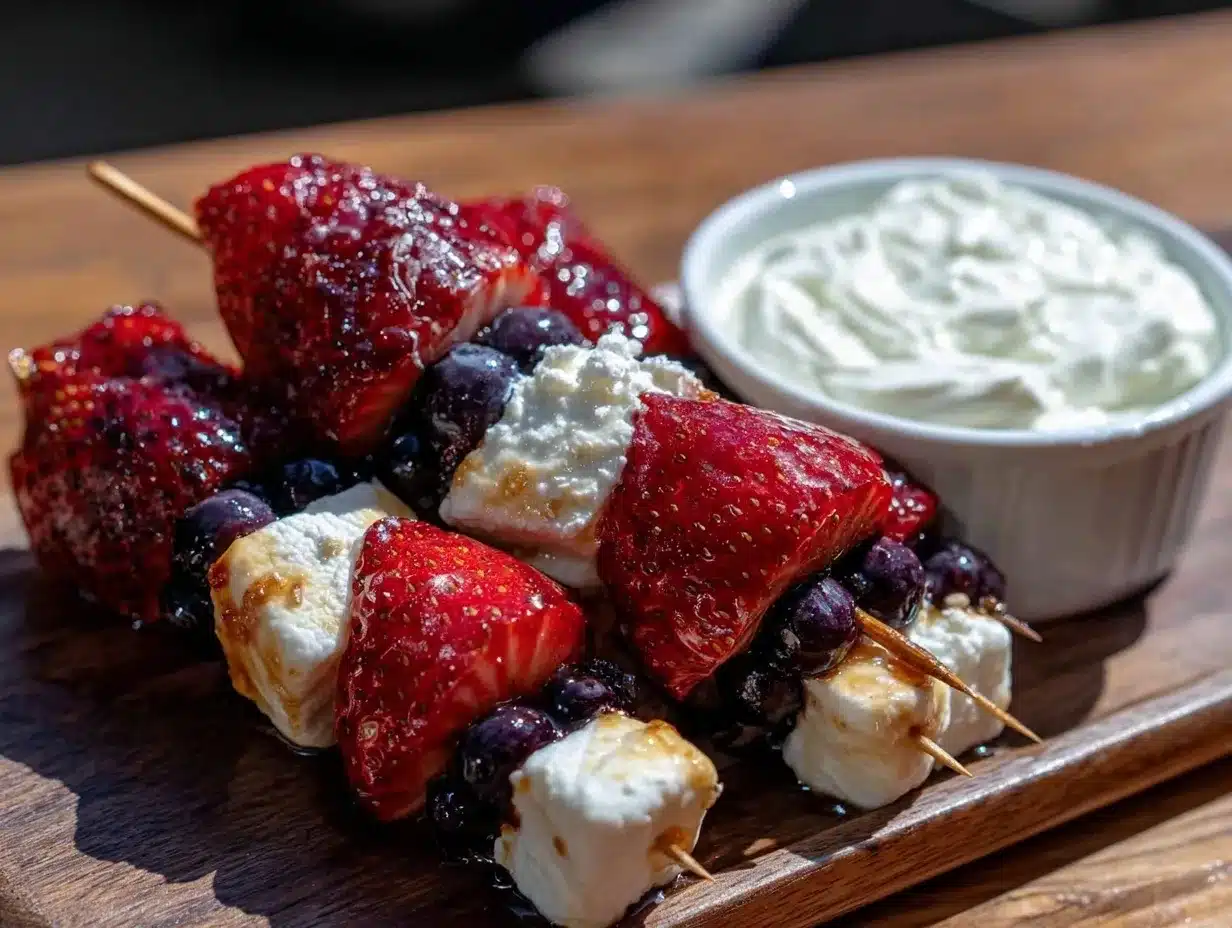 fresh red white and blue fruit kabobs preparation steps