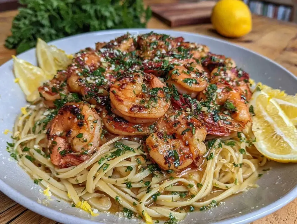 garlic butter shrimp scampi linguine - featured image