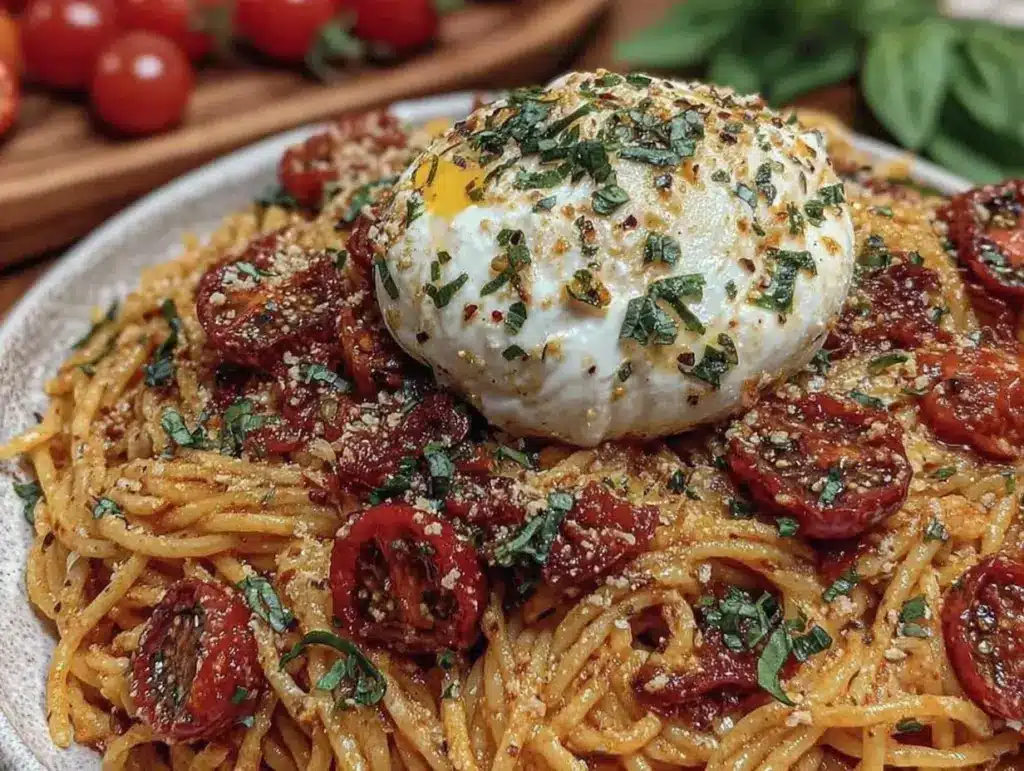one-pot summer tomato basil pasta with burrata - featured image