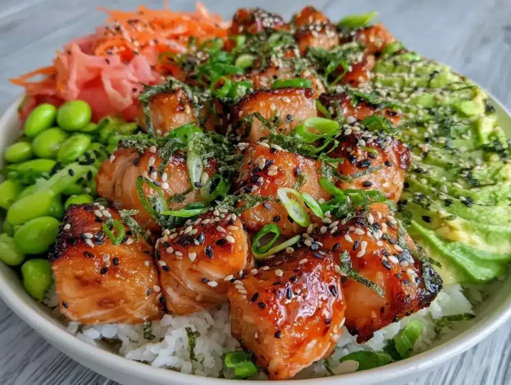 quick teriyaki salmon poke bowl - featured image