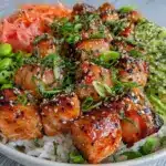 quick teriyaki salmon poke bowl - featured image