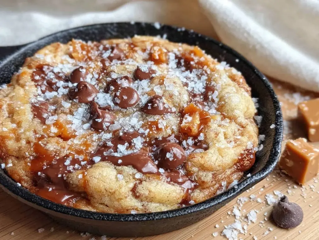 brown butter toffee chocolate chip skillet cookie for two - featured image