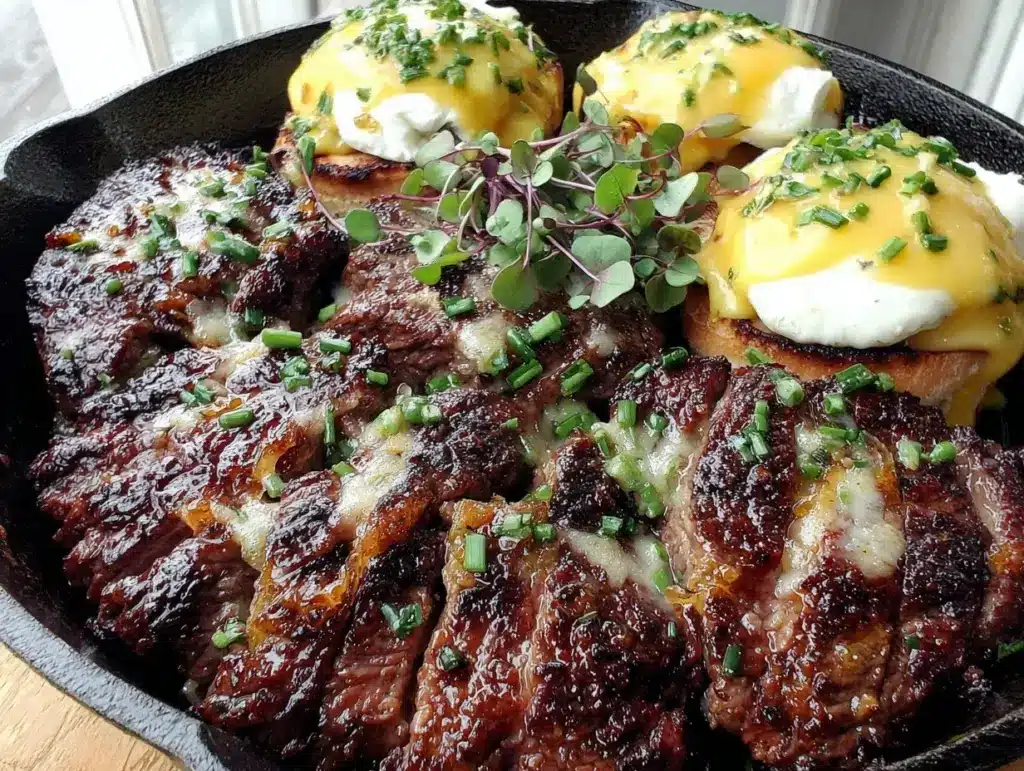 cast iron steak and eggs benedict - featured image