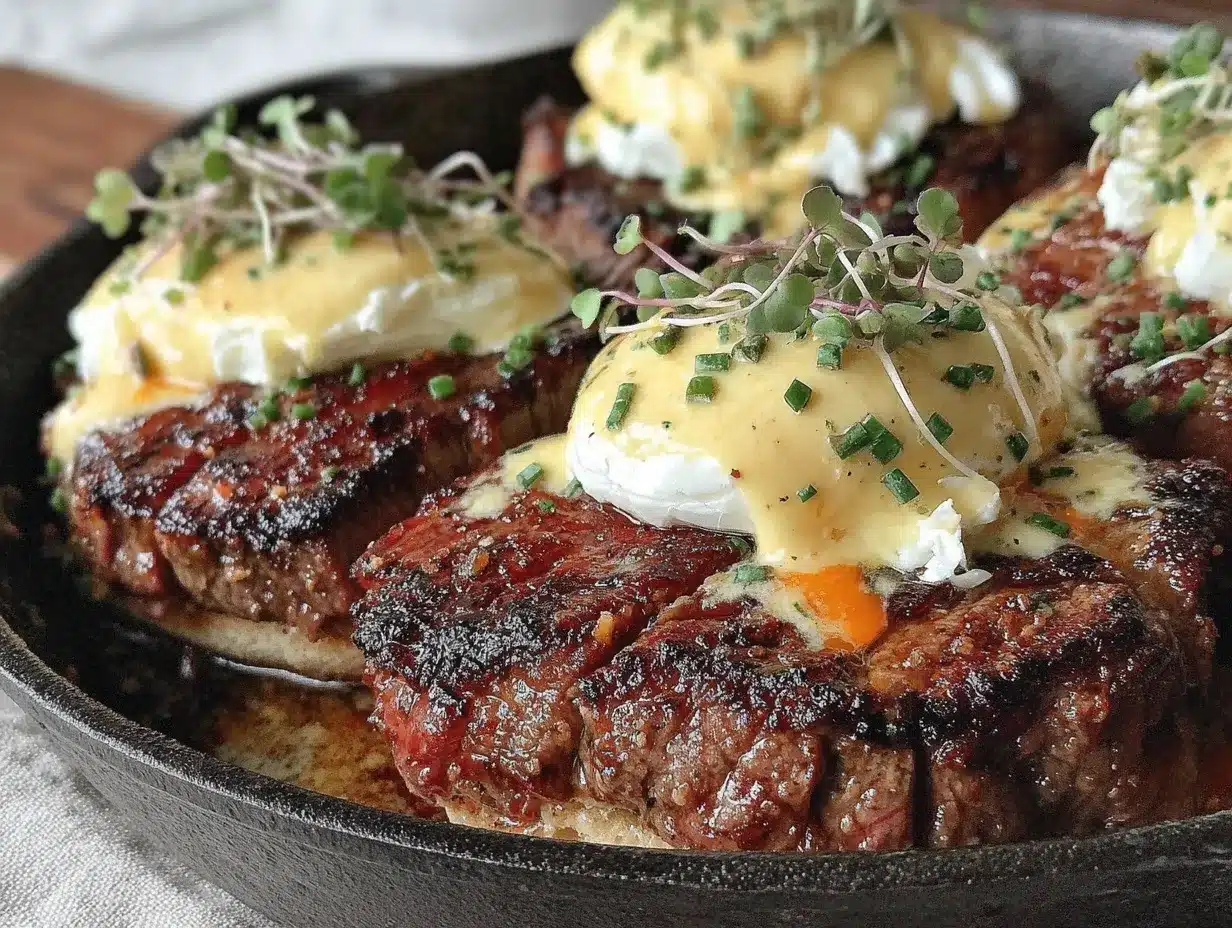 cast iron steak and eggs benedict preparation steps