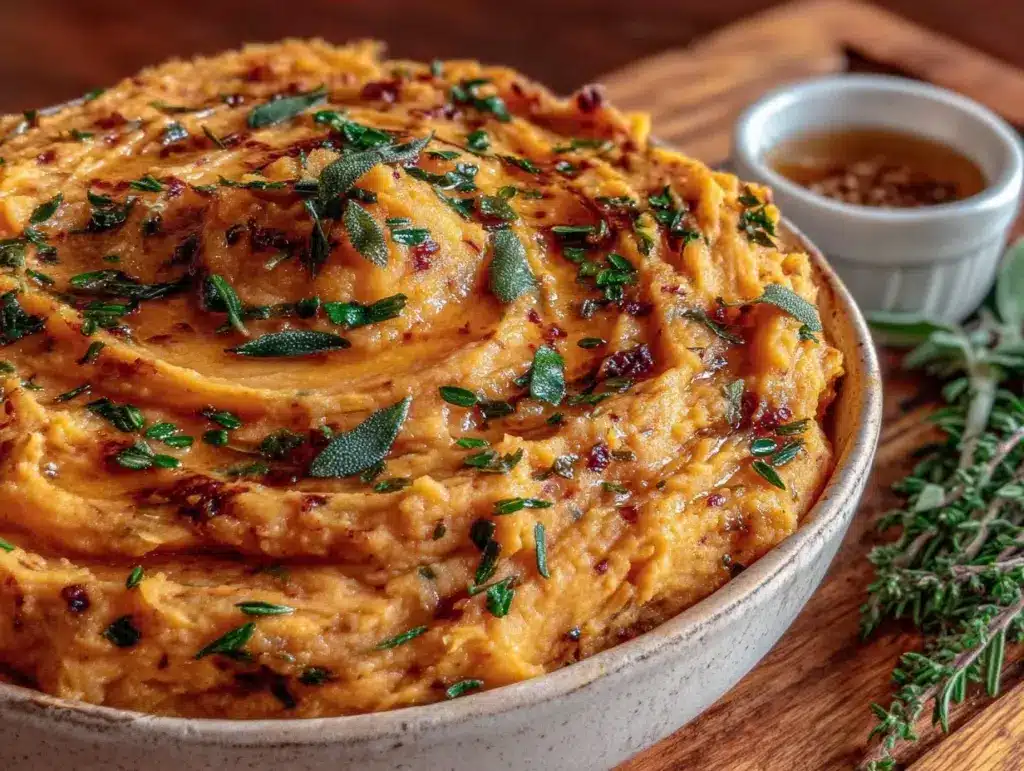 creamy brown butter sage mashed sweet potatoes - featured image