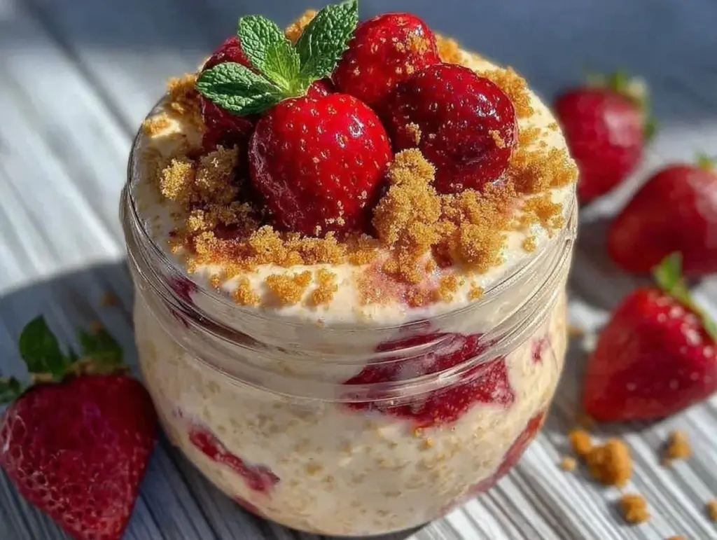 creamy strawberry cheesecake overnight oats - featured image