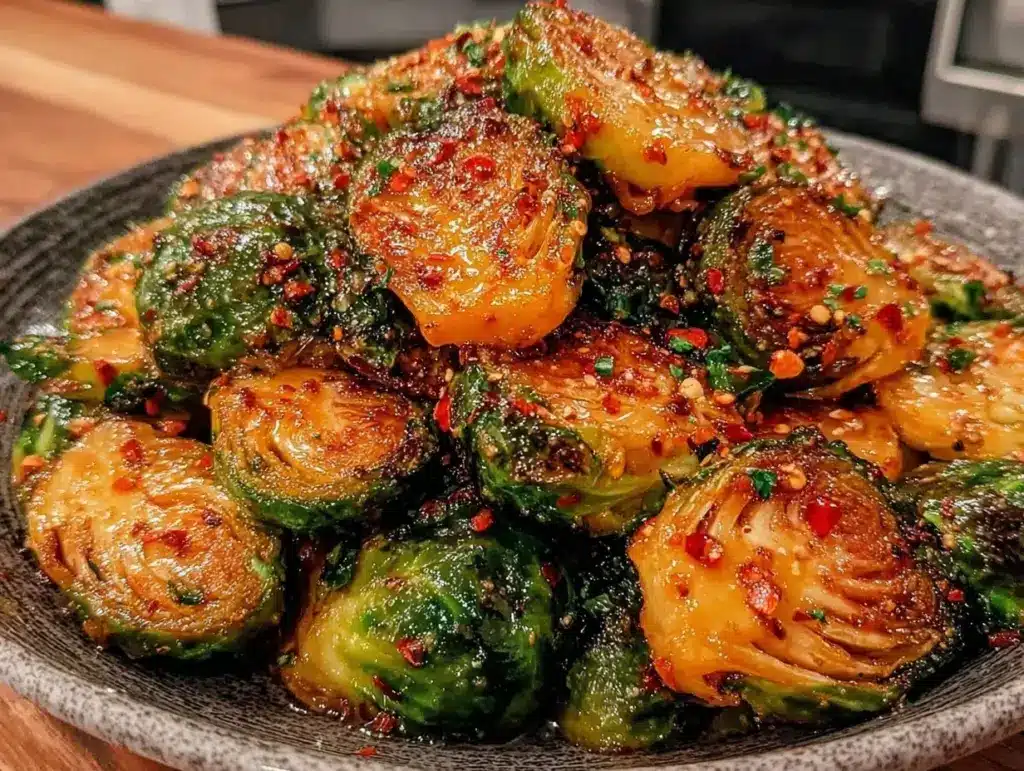 crispy brussels sprouts with hot honey drizzle - featured image