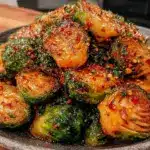 crispy brussels sprouts with hot honey drizzle - featured image