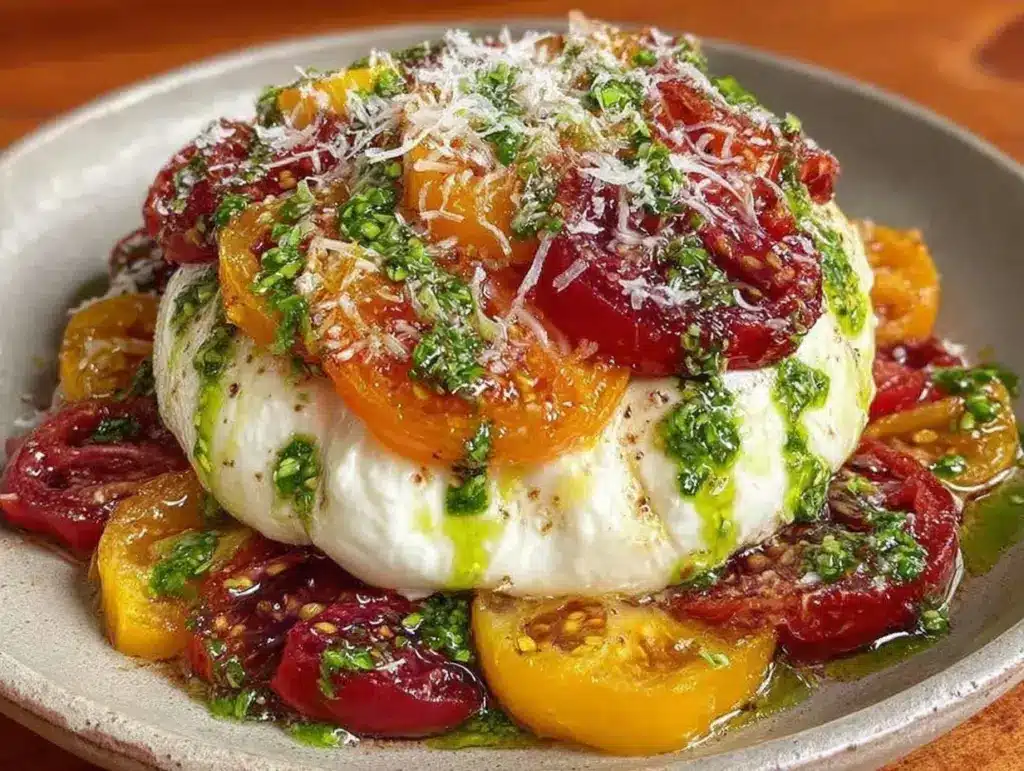 fresh burrata with heirloom tomatoes and basil oil - featured image