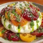 fresh burrata with heirloom tomatoes and basil oil - featured image